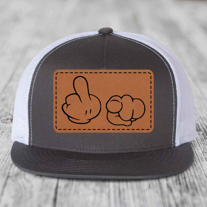 Cartoon Hands F*ck You - Leather Patch Hat - Rawhide to Black Patch - Yupoong 6006 Snapback Flatbill Hat