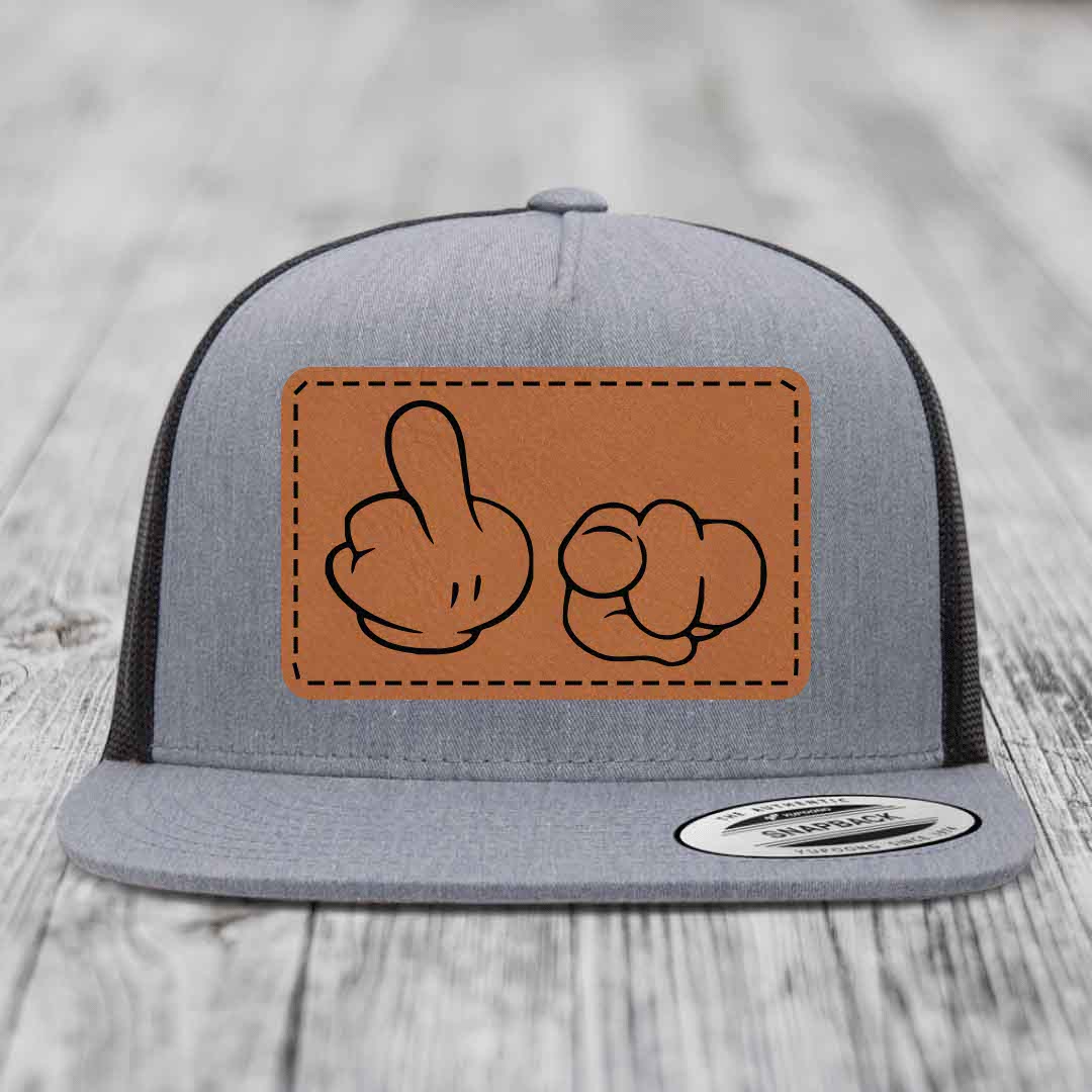 Cartoon Hands F*ck You - Leather Patch Hat - Rawhide to Black Patch - Yupoong 6006 Snapback Flatbill Hat