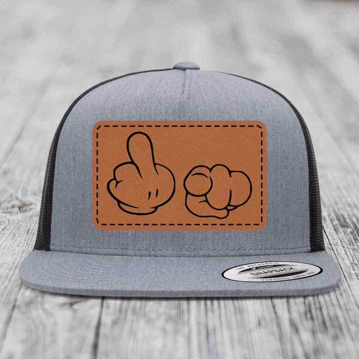Cartoon Hands F*ck You - Leather Patch Hat - Rawhide to Black Patch - Yupoong 6006 Snapback Flatbill Hat