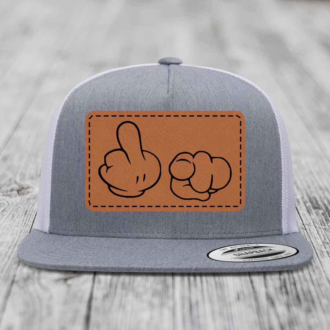 Cartoon Hands F*ck You - Leather Patch Hat - Rawhide to Black Patch - Yupoong 6006 Snapback Flatbill Hat
