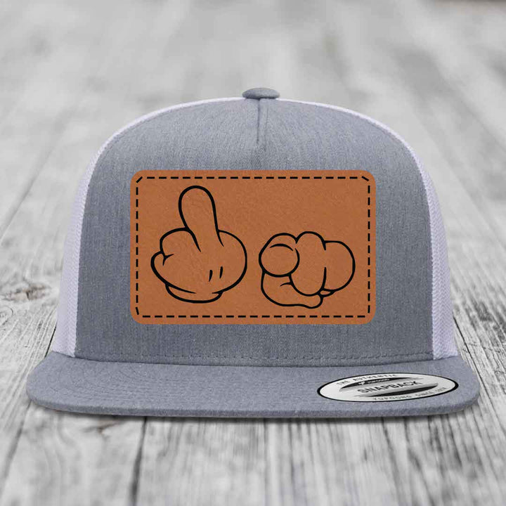 Cartoon Hands F*ck You - Leather Patch Hat - Rawhide to Black Patch - Yupoong 6006 Snapback Flatbill Hat