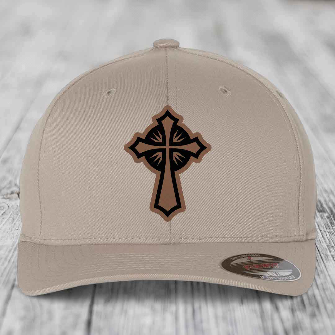 Celestis Cross - Leather Patch Hat - Dark Brown to Black Patch - Flexfit 6277 Fitted Hat