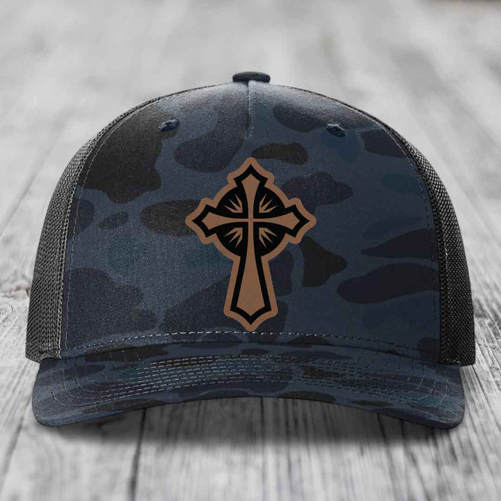 Celestis Cross - Leather Patch Hat - Dark Brown to Black Patch - Richardson 112PFP Snapback Trucker Hat