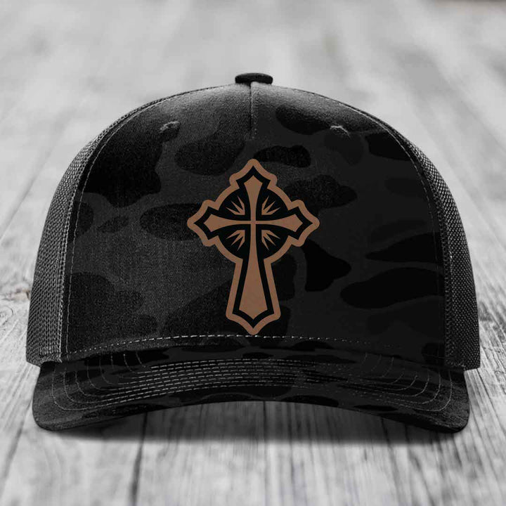 Celestis Cross - Leather Patch Hat - Dark Brown to Black Patch - Richardson 112PFP Snapback Trucker Hat