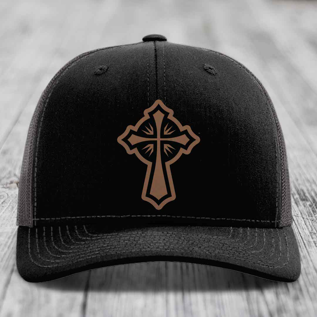 Celestis Cross - Leather Patch Hat - Dark Brown to Black Patch - Richardson 112 Snapback Trucker Hat