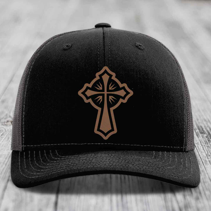 Celestis Cross - Leather Patch Hat - Dark Brown to Black Patch - Richardson 112 Snapback Trucker Hat