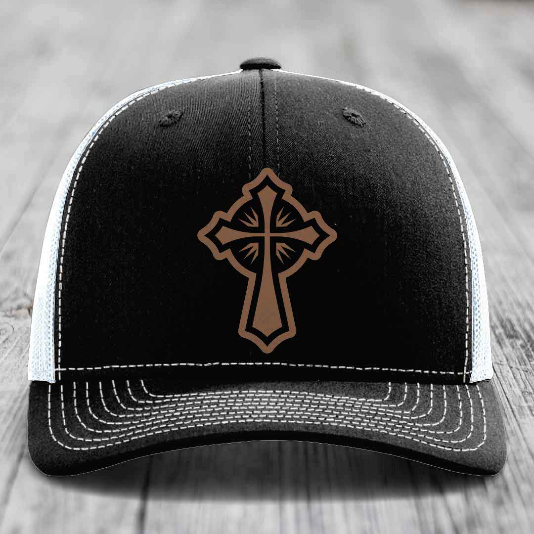 Celestis Cross - Leather Patch Hat - Dark Brown to Black Patch - Richardson 112 Snapback Trucker Hat