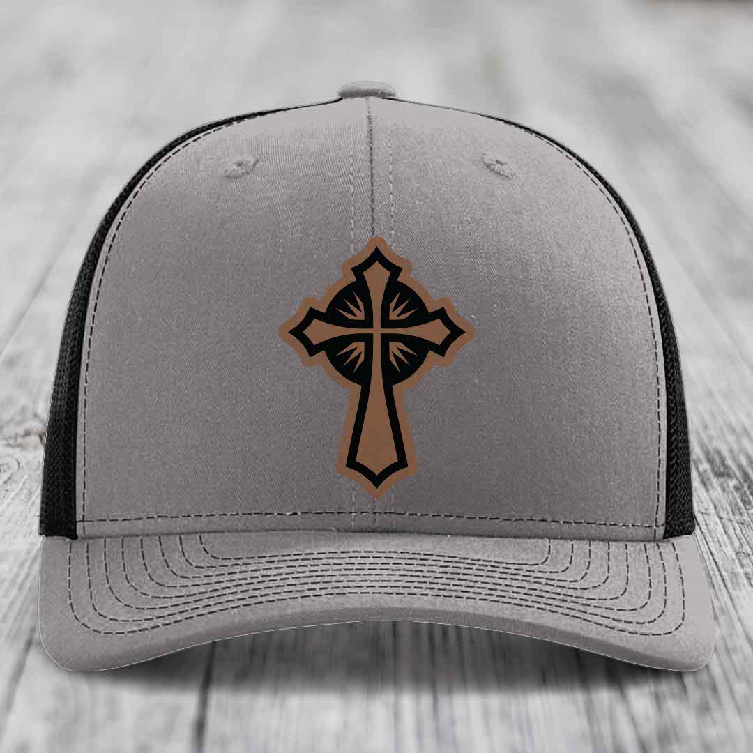 Celestis Cross - Leather Patch Hat - Dark Brown to Black Patch - Richardson 112 Snapback Trucker Hat