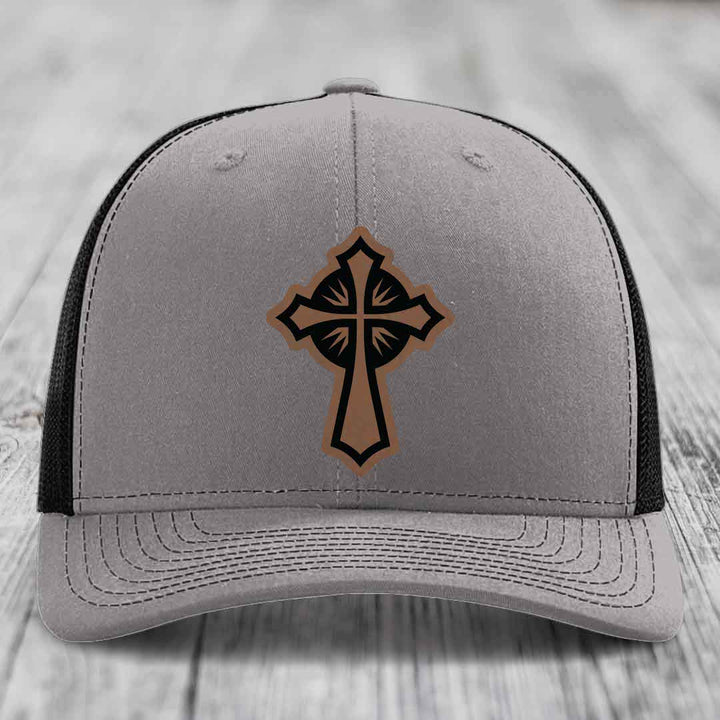 Celestis Cross - Leather Patch Hat - Dark Brown to Black Patch - Richardson 112 Snapback Trucker Hat