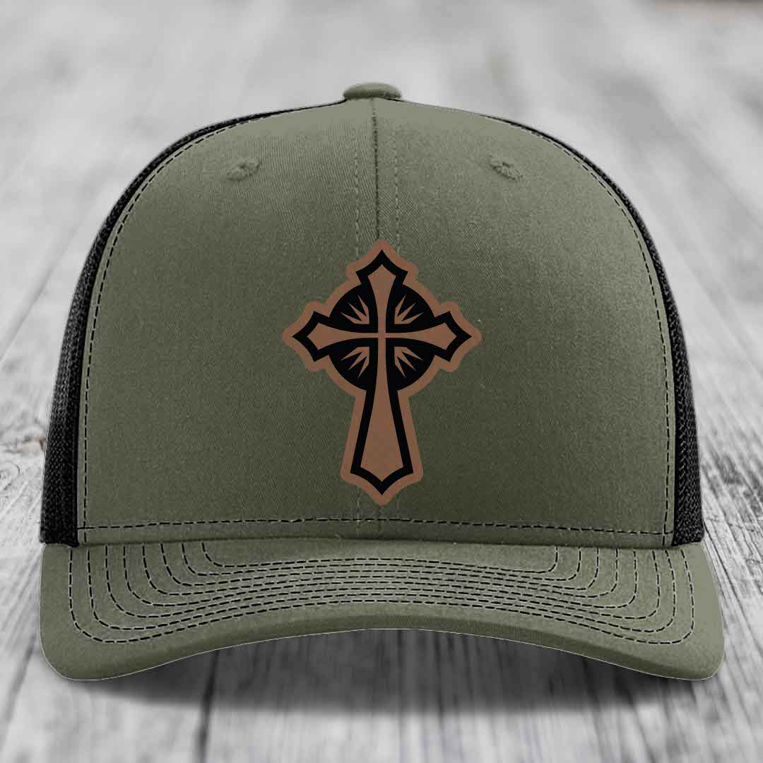 Celestis Cross - Leather Patch Hat - Dark Brown to Black Patch - Richardson 112 Snapback Trucker Hat