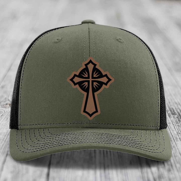 Celestis Cross - Leather Patch Hat - Dark Brown to Black Patch - Richardson 112 Snapback Trucker Hat