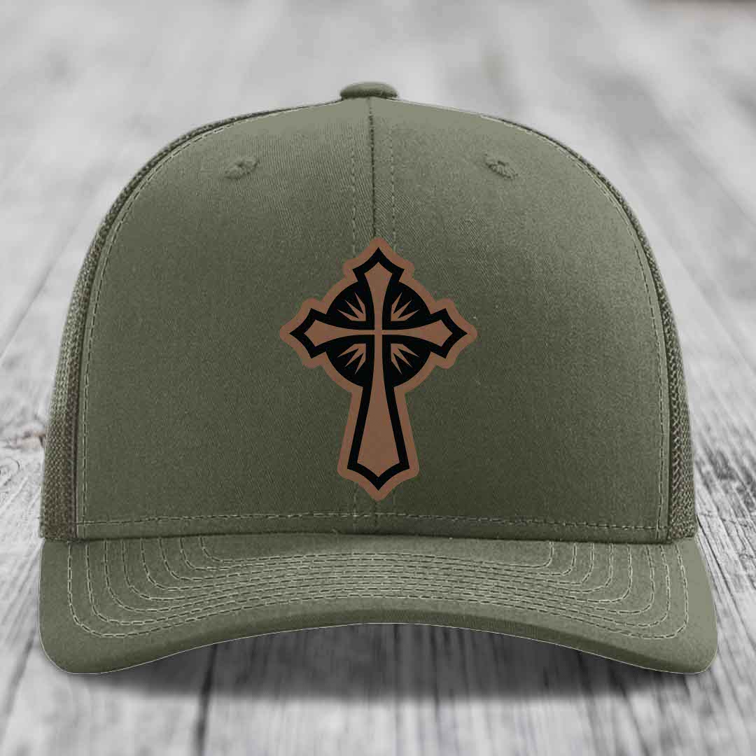 Celestis Cross - Leather Patch Hat - Dark Brown to Black Patch - Richardson 112 Snapback Trucker Hat