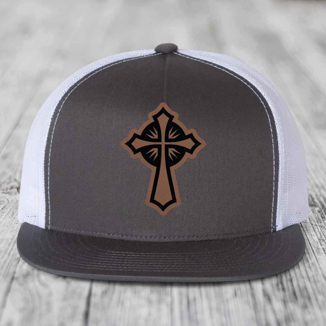 Celestis Cross - Leather Patch Hat - Dark Brown to Black Patch - Yupoong 6006 Snapback Flatbill Hat