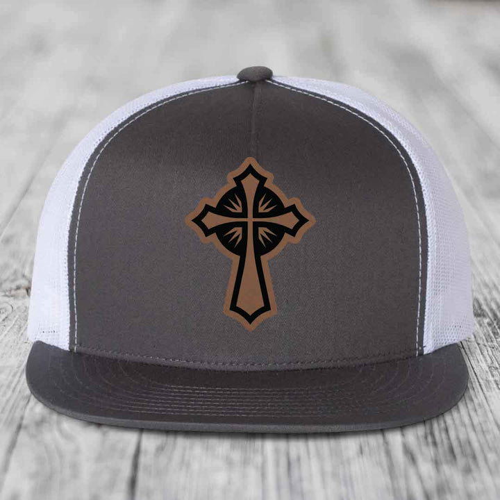 Celestis Cross - Leather Patch Hat - Dark Brown to Black Patch - Yupoong 6006 Snapback Flatbill Hat