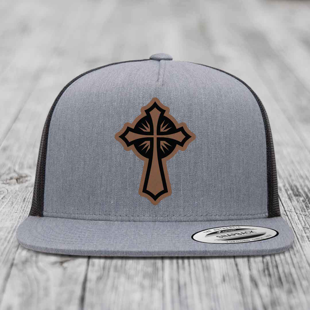 Celestis Cross - Leather Patch Hat - Dark Brown to Black Patch - Yupoong 6006 Snapback Flatbill Hat