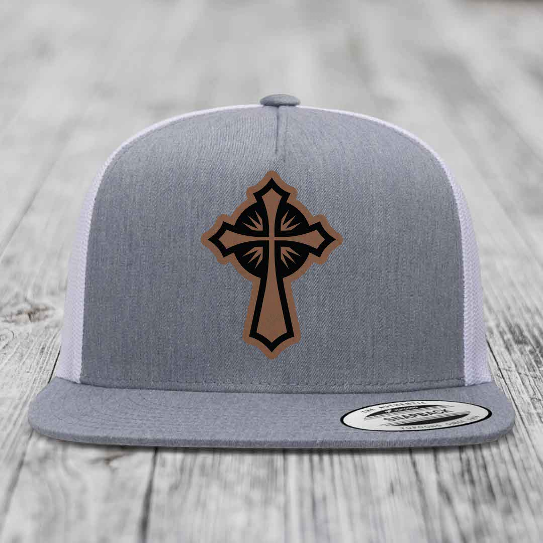 Celestis Cross - Leather Patch Hat - Dark Brown to Black Patch - Yupoong 6006 Snapback Flatbill Hat