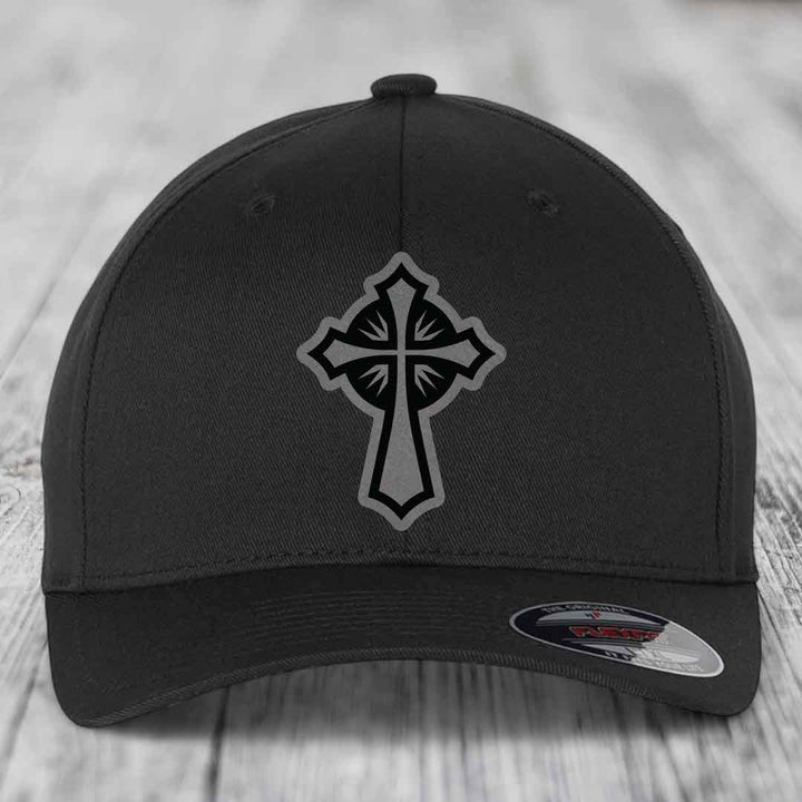 Celestis Cross - Leather Patch Hat - Grey to Black Patch - Flexfit 6277 Fitted Hat