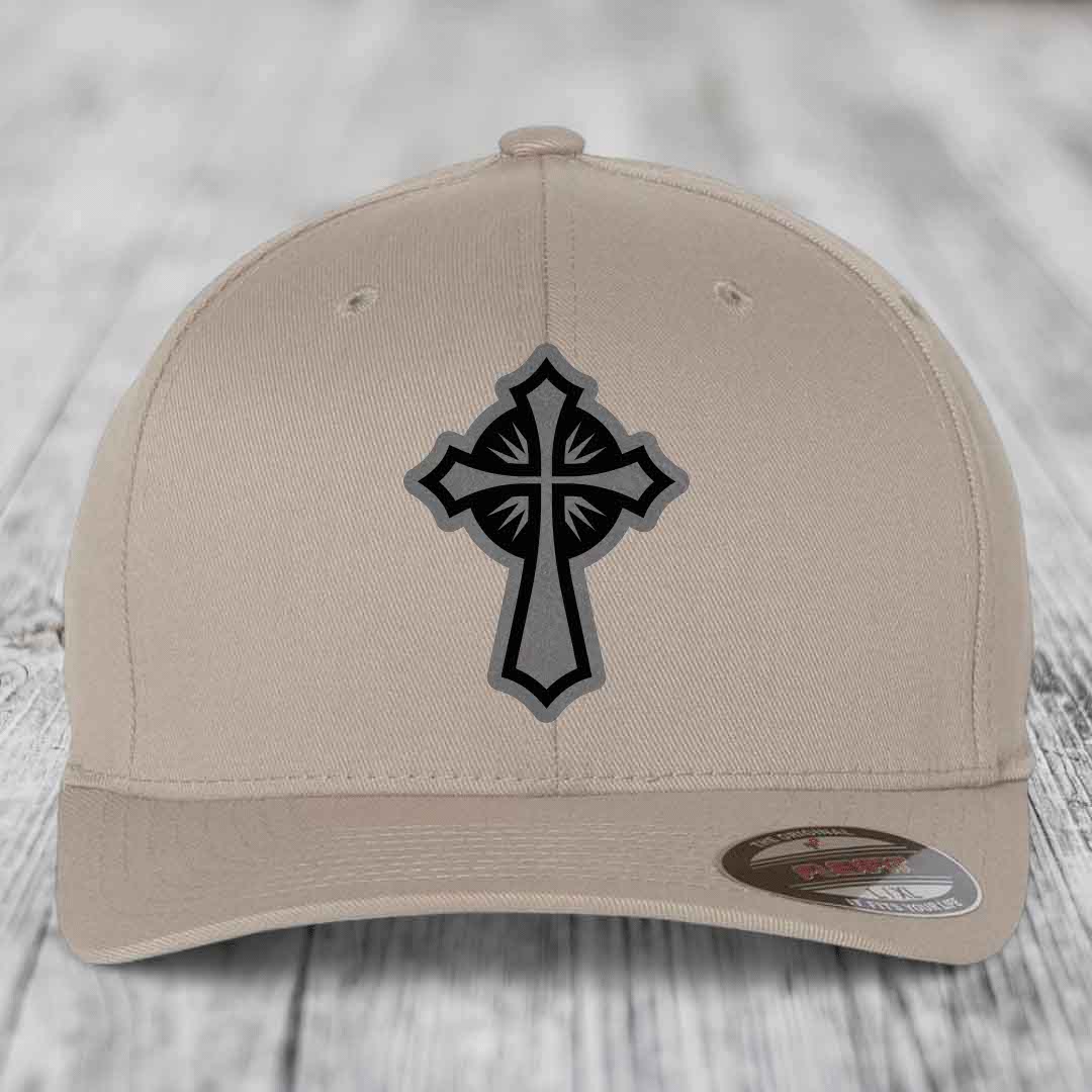 Celestis Cross - Leather Patch Hat - Grey to Black Patch - Flexfit 6277 Fitted Hat