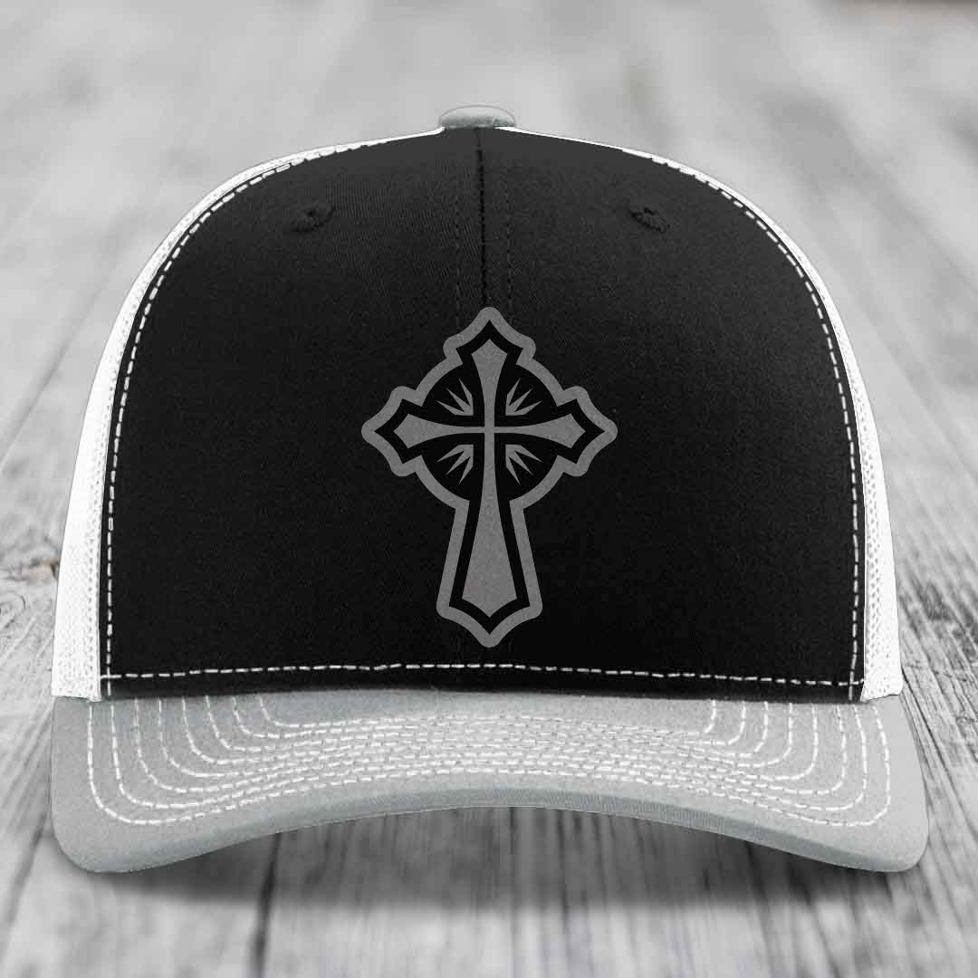 Celestis Cross - Leather Patch Hat - Grey to Black Patch - Richardson 112 Snapback Trucker Hat