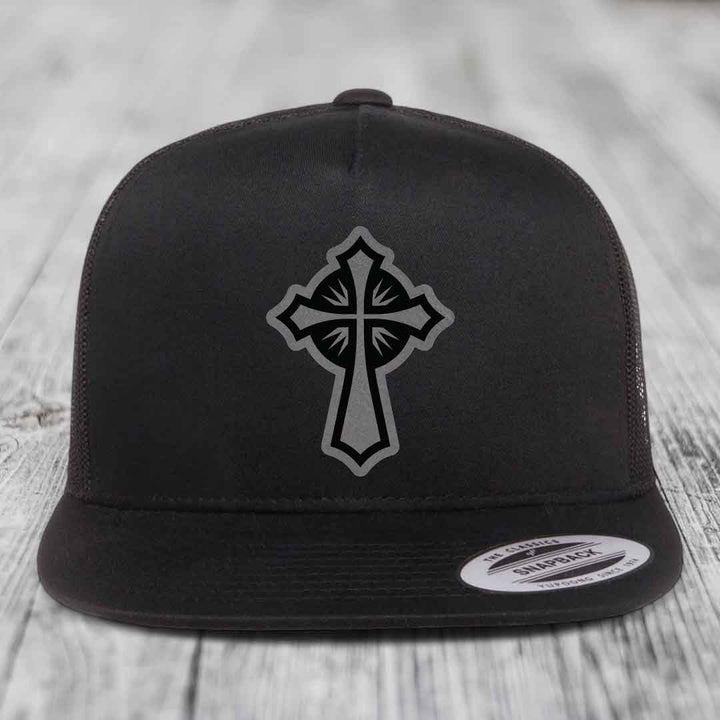 Celestis Cross - Leather Patch Hat - Grey to Black Patch - Yupoong 6006 Snapback Flatbill Hat