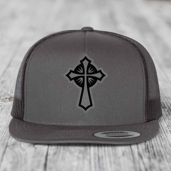 Celestis Cross - Leather Patch Hat - Grey to Black Patch - Yupoong 6006 Snapback Flatbill Hat