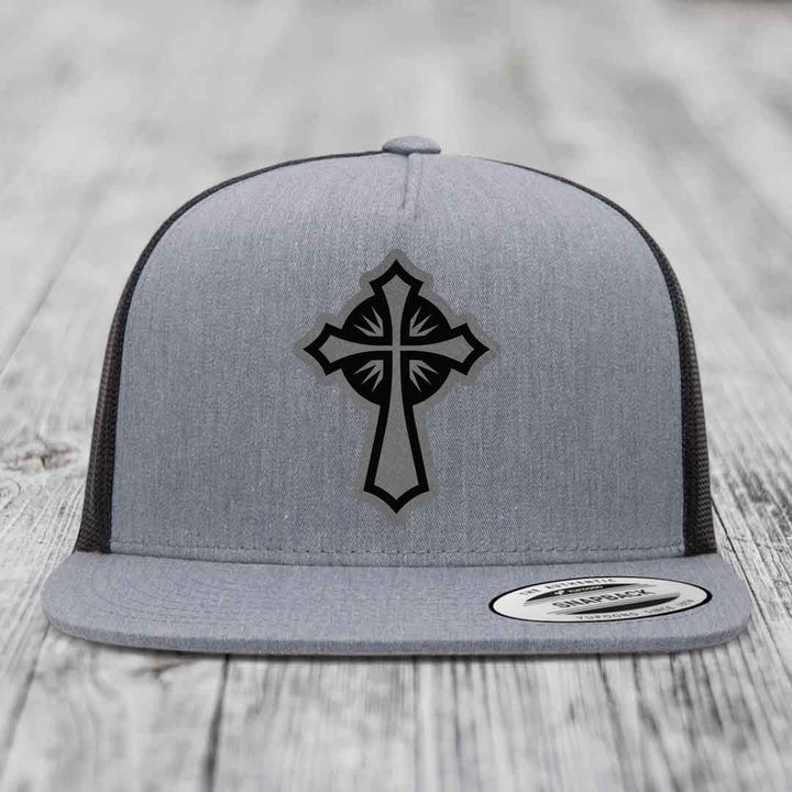Celestis Cross - Leather Patch Hat - Grey to Black Patch - Yupoong 6006 Snapback Flatbill Hat