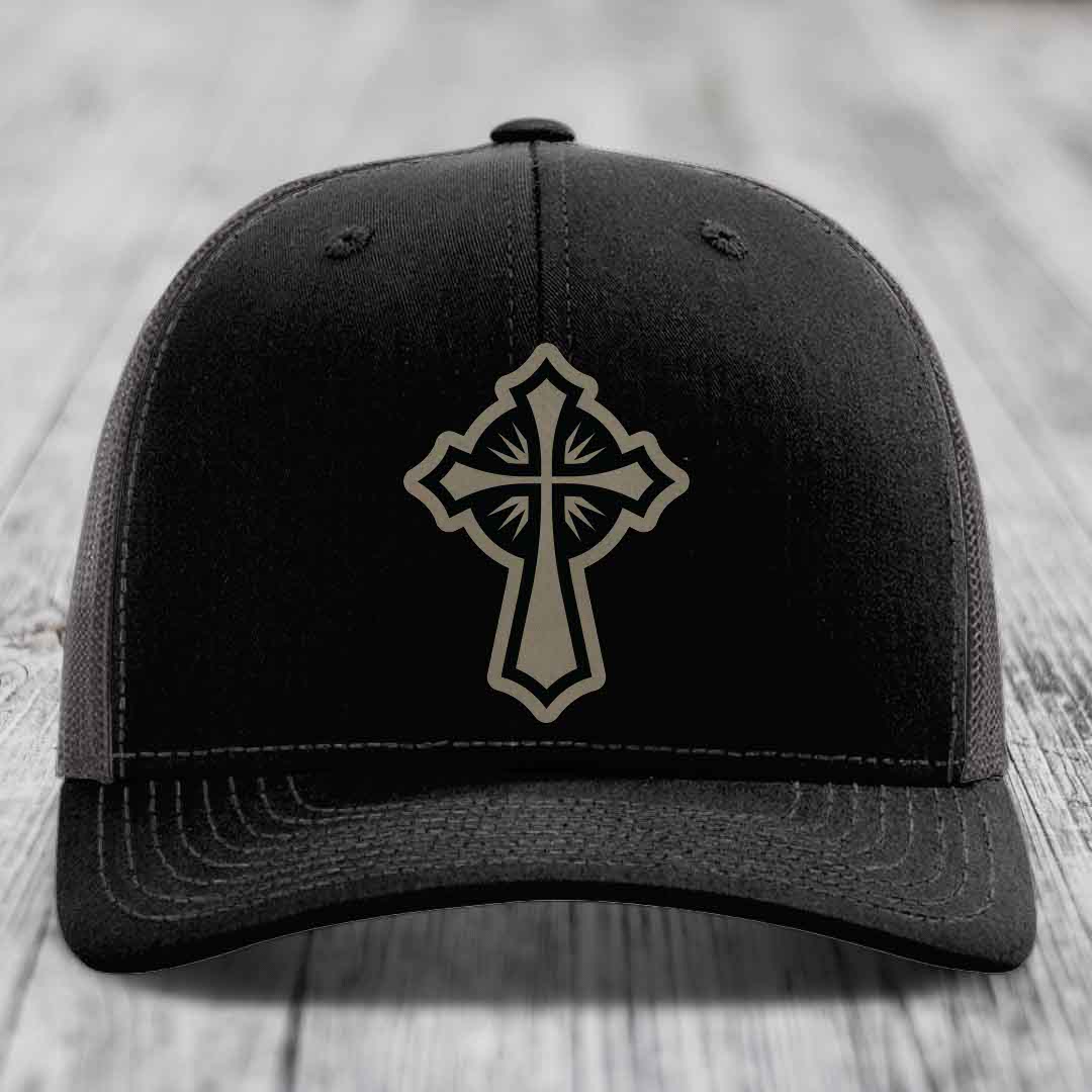 Celestis Cross - Leather Patch Hat - Light Brown to Black Patch - Richardson 112 Snapback Trucker Hat