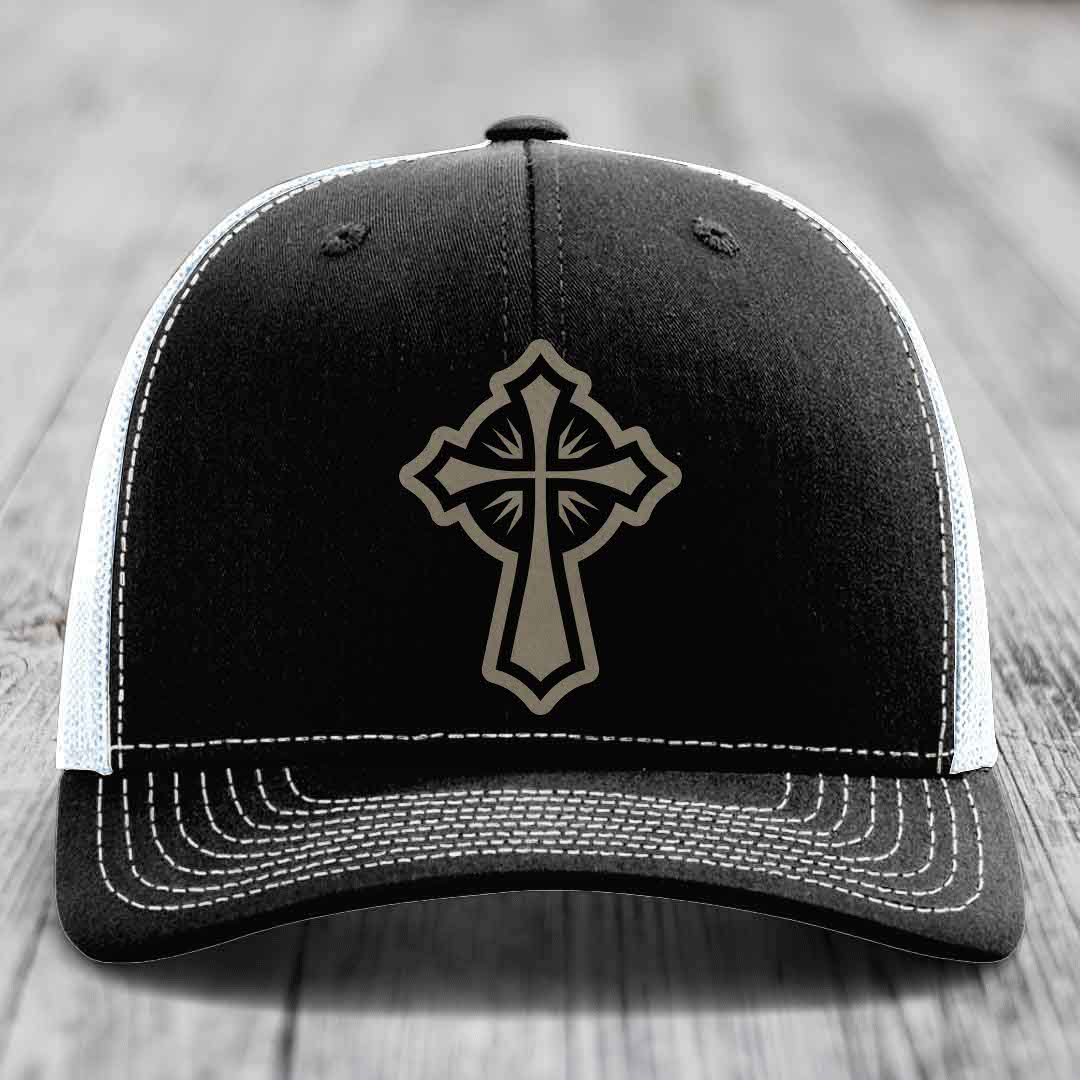 Celestis Cross - Leather Patch Hat - Light Brown to Black Patch - Richardson 112 Snapback Trucker Hat