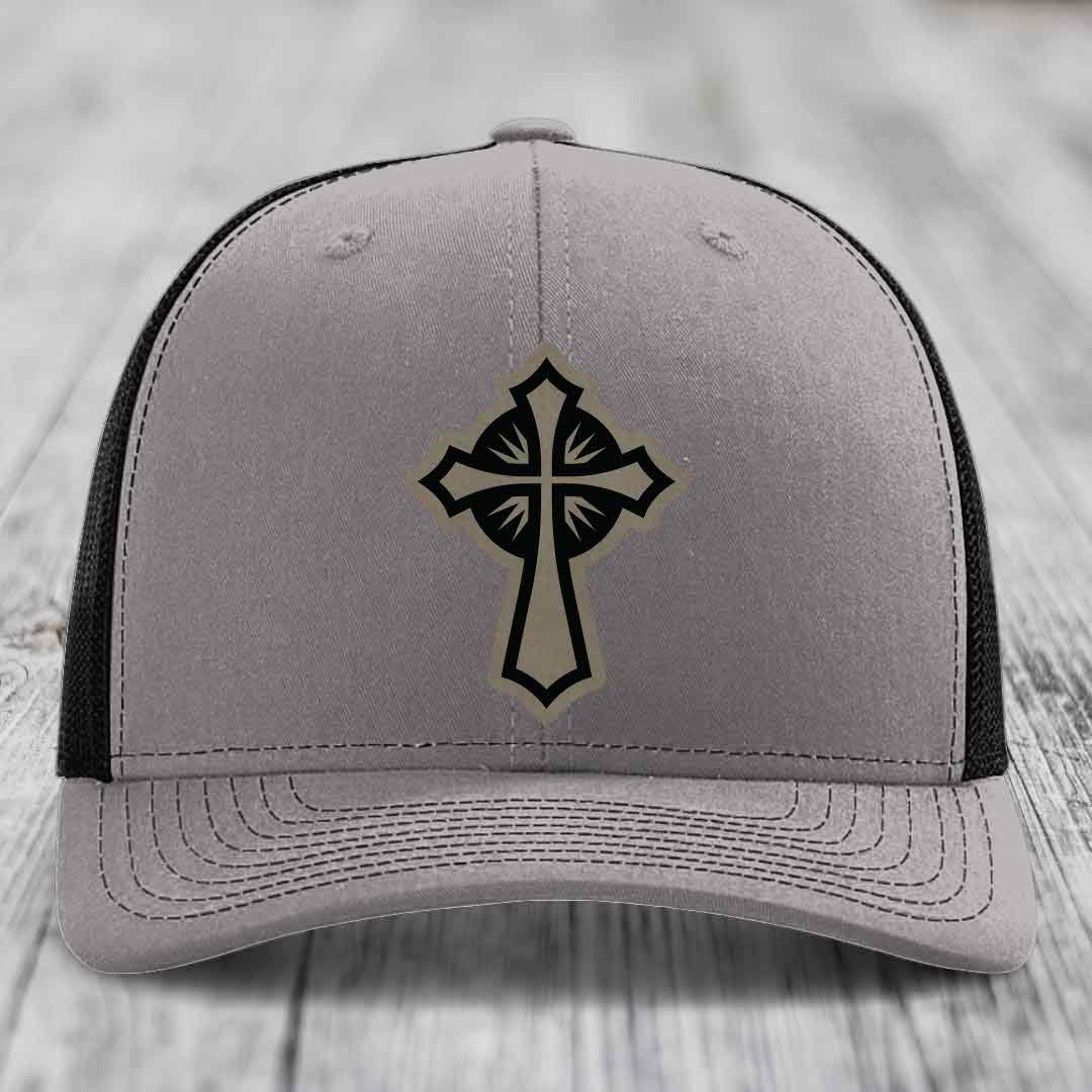 Celestis Cross - Leather Patch Hat - Light Brown to Black Patch - Richardson 112 Snapback Trucker Hat