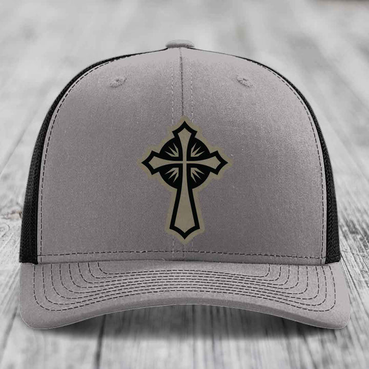Celestis Cross - Leather Patch Hat - Light Brown to Black Patch - Richardson 112 Snapback Trucker Hat