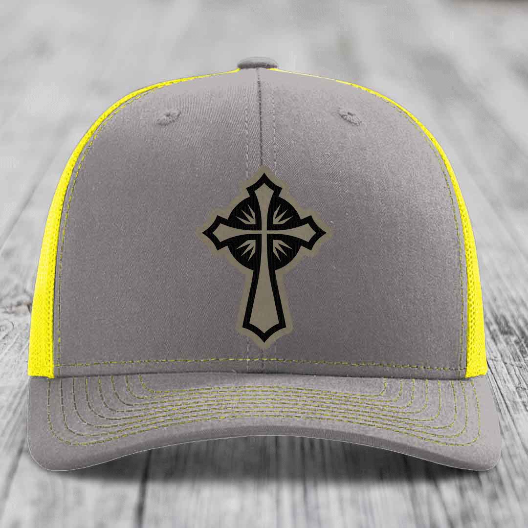 Celestis Cross - Leather Patch Hat - Light Brown to Black Patch - Richardson 112 Snapback Trucker Hat