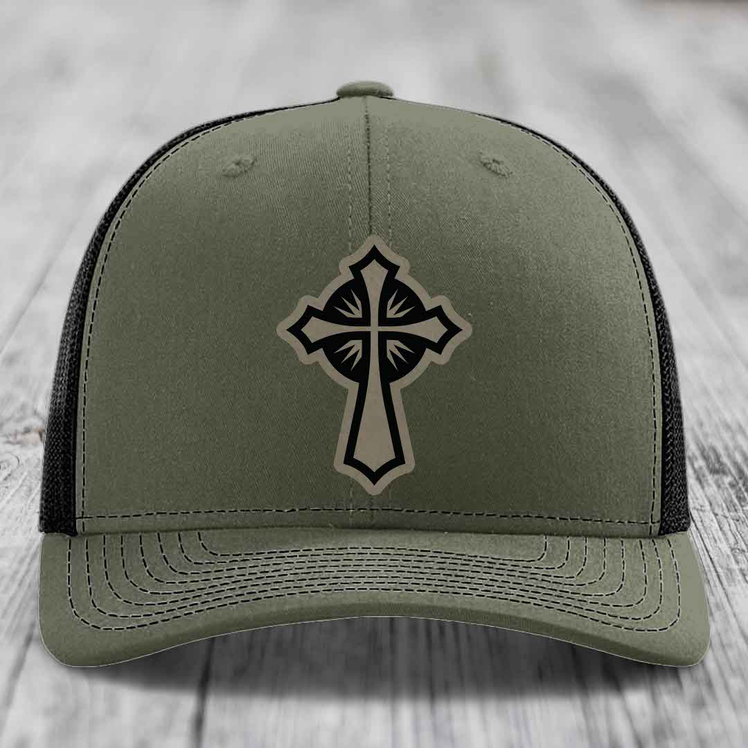 Celestis Cross - Leather Patch Hat - Light Brown to Black Patch - Richardson 112 Snapback Trucker Hat