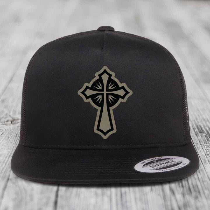 Celestis Cross - Leather Patch Hat - Light Brown to Black Patch - Yupoong 6006 Snapback Flatbill Hat
