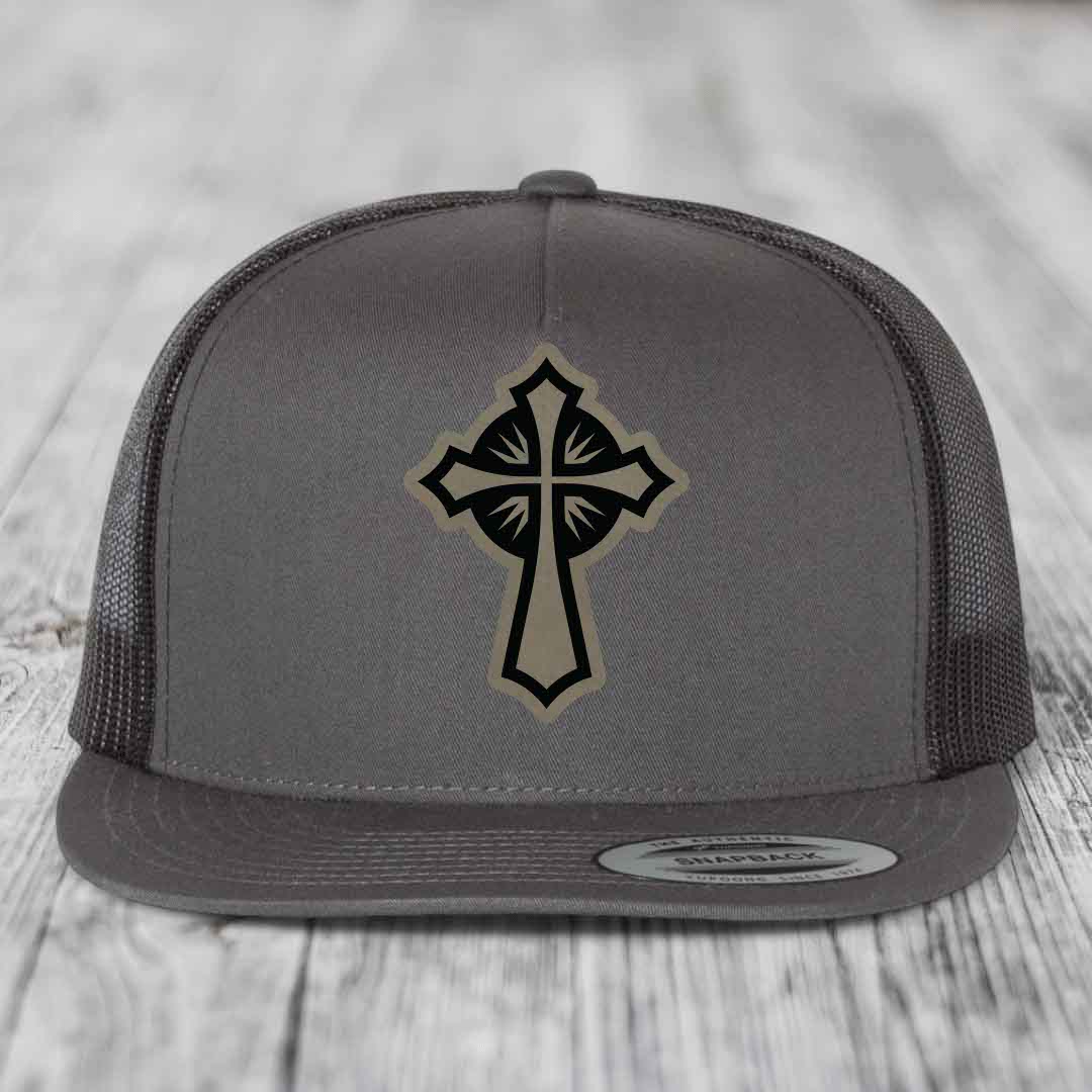 Celestis Cross - Leather Patch Hat - Light Brown to Black Patch - Yupoong 6006 Snapback Flatbill Hat