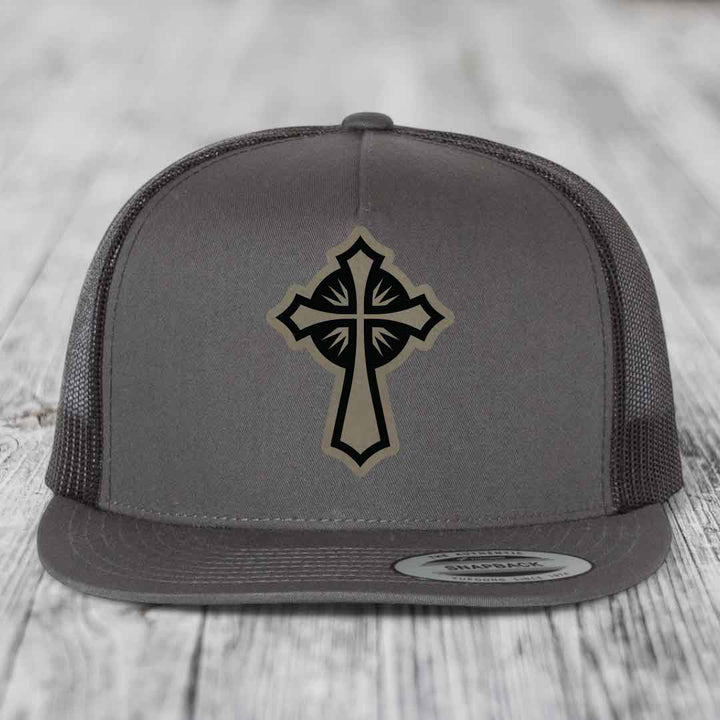 Celestis Cross - Leather Patch Hat - Light Brown to Black Patch - Yupoong 6006 Snapback Flatbill Hat