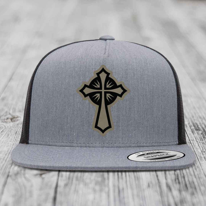 Celestis Cross - Leather Patch Hat - Light Brown to Black Patch - Yupoong 6006 Snapback Flatbill Hat