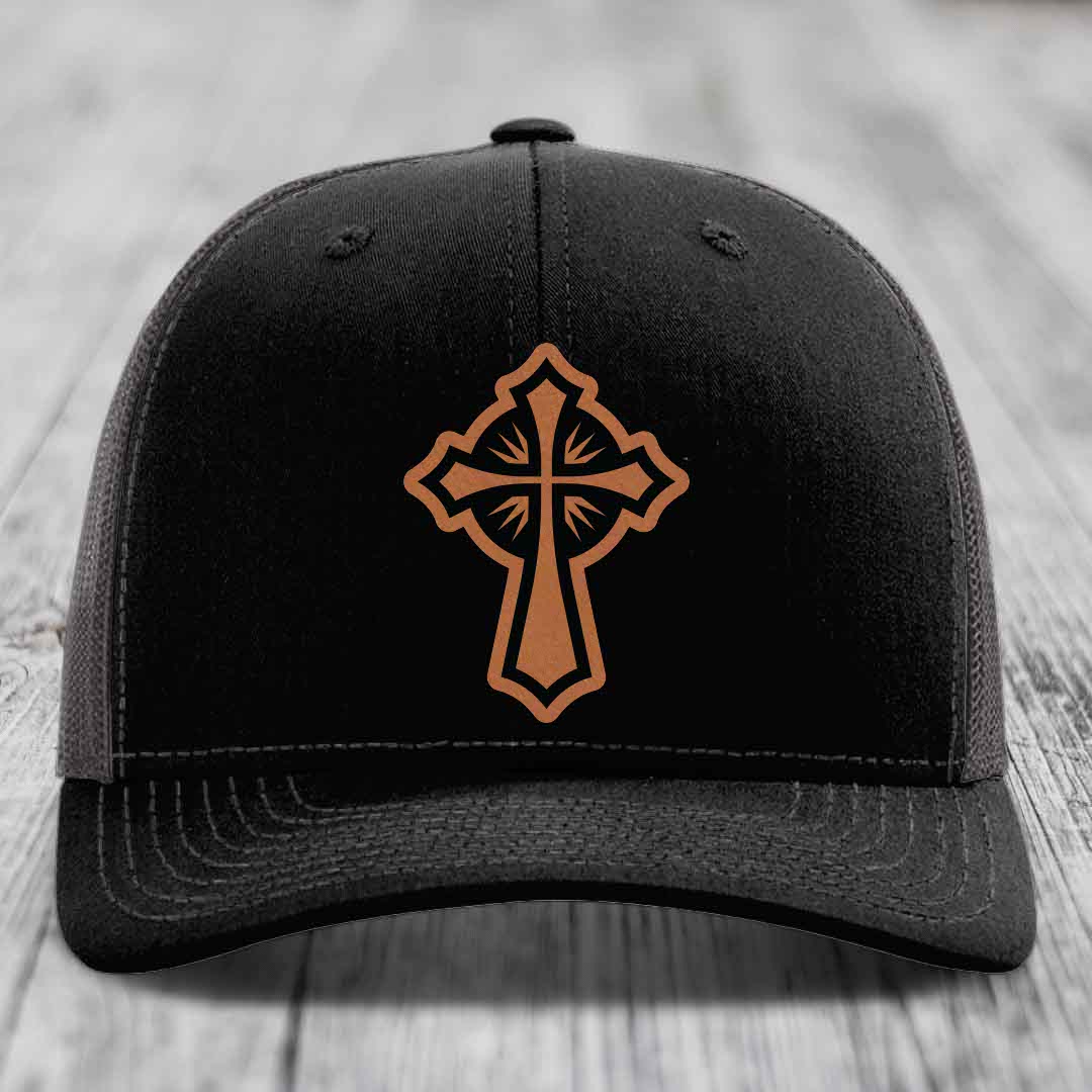 Celestis Cross - Leather Patch Hat - Rawhide to Black Patch - Richardson 112 Snapback Trucker Hat
