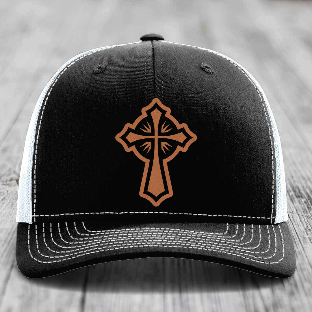 Celestis Cross - Leather Patch Hat - Rawhide to Black Patch - Richardson 112 Snapback Trucker Hat