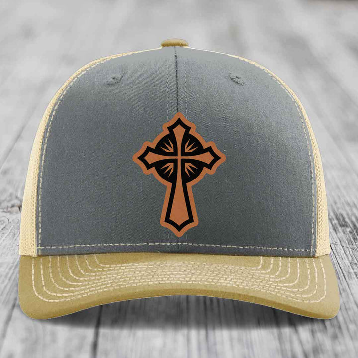 Celestis Cross - Leather Patch Hat - Rawhide to Black Patch - Richardson 112 Snapback Trucker Hat