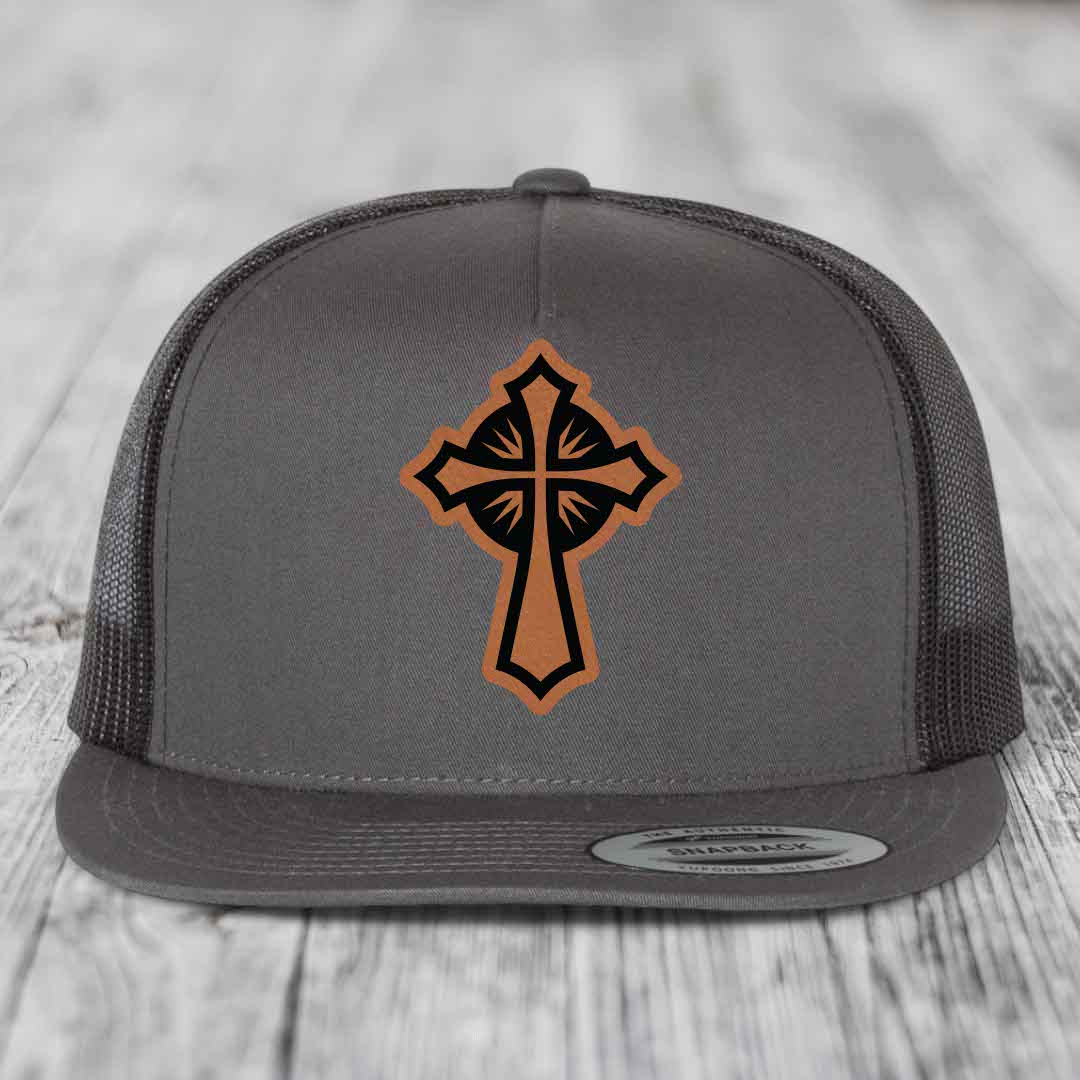 Celestis Cross - Leather Patch Hat - Rawhide to Black Patch - Yupoong 6006 Snapback Flatbill Hat