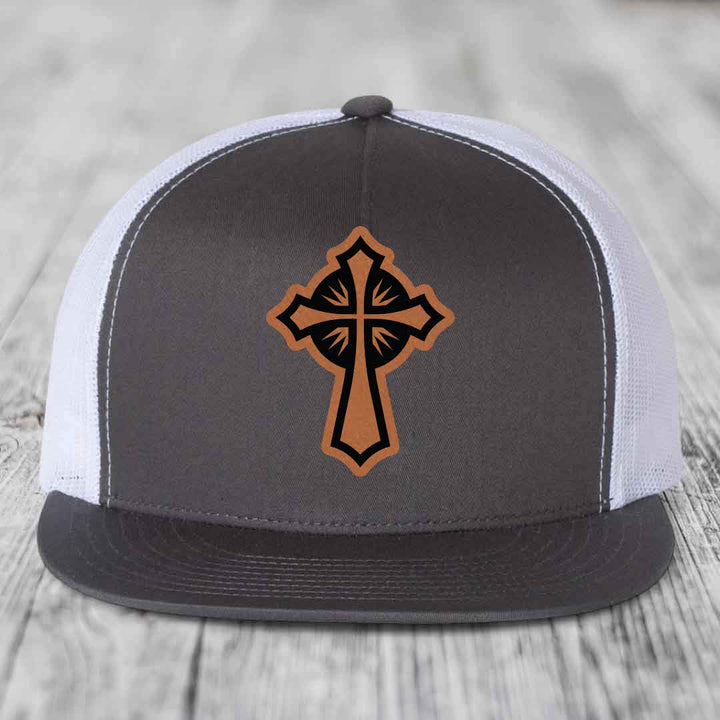 Celestis Cross - Leather Patch Hat - Rawhide to Black Patch - Yupoong 6006 Snapback Flatbill Hat