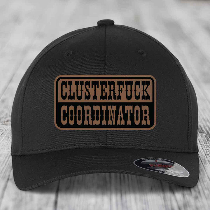 Cluster F*ck Coordinator - Leather Patch Hat - Dark Brown to Black Patch - Flexfit 6277 Fitted Hat