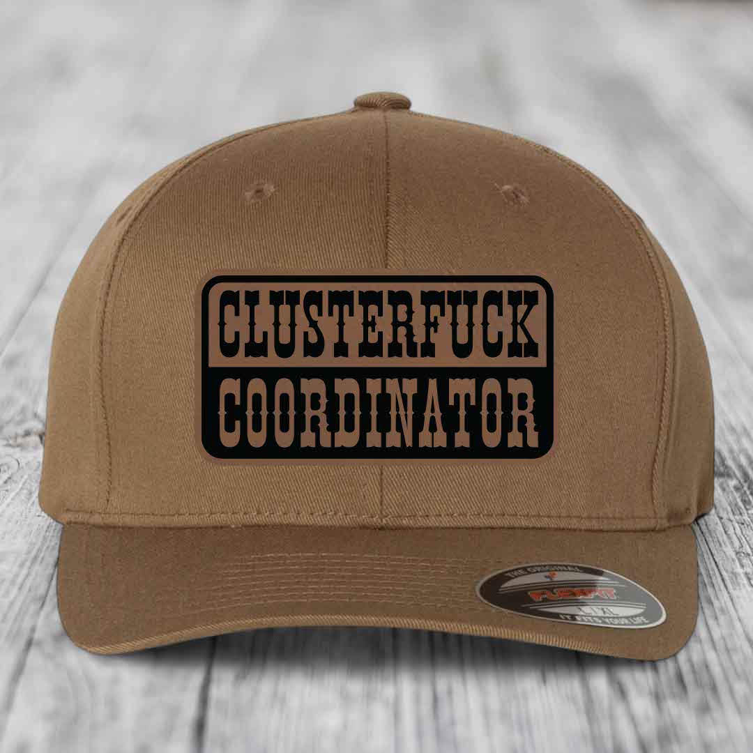 Cluster F*ck Coordinator - Leather Patch Hat - Dark Brown to Black Patch - Flexfit 6277 Fitted Hat