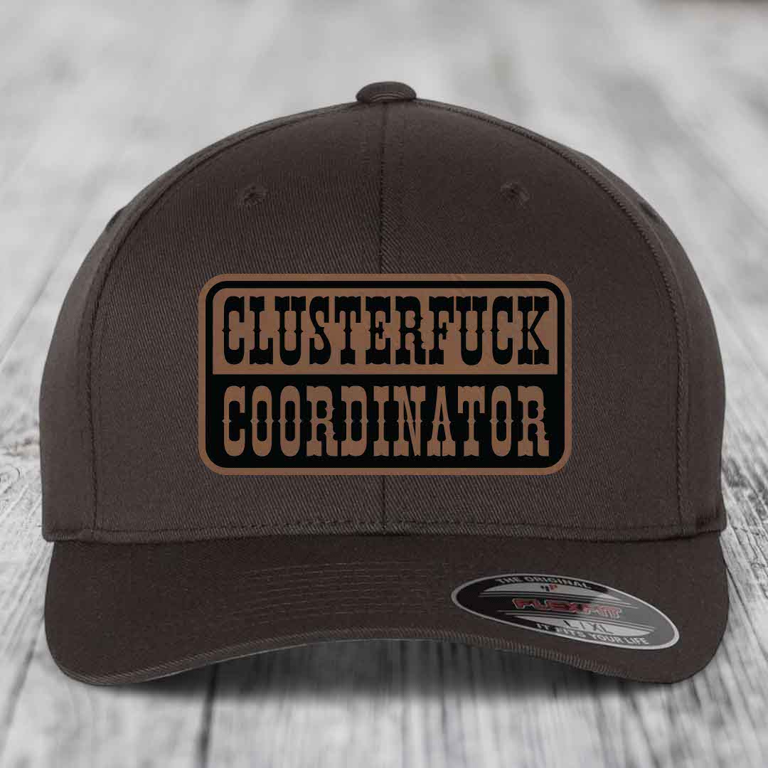 Cluster F*ck Coordinator - Leather Patch Hat - Dark Brown to Black Patch - Flexfit 6277 Fitted Hat
