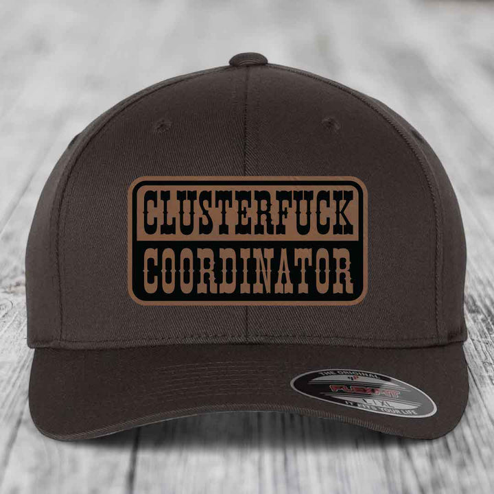 Cluster F*ck Coordinator - Leather Patch Hat - Dark Brown to Black Patch - Flexfit 6277 Fitted Hat