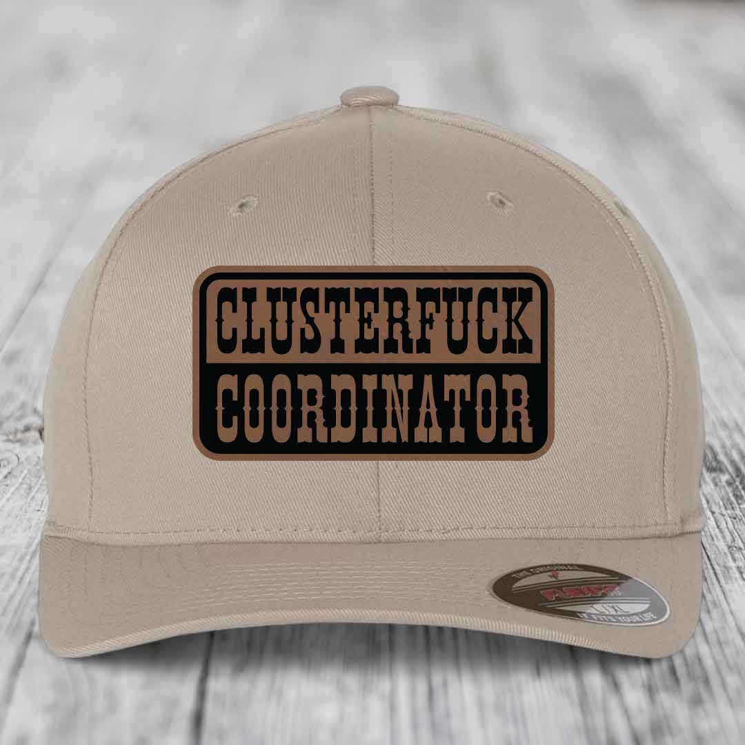 Cluster F*ck Coordinator - Leather Patch Hat - Dark Brown to Black Patch - Flexfit 6277 Fitted Hat