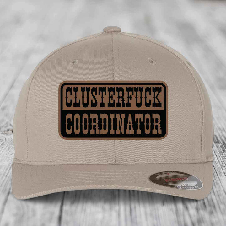 Cluster F*ck Coordinator - Leather Patch Hat - Dark Brown to Black Patch - Flexfit 6277 Fitted Hat
