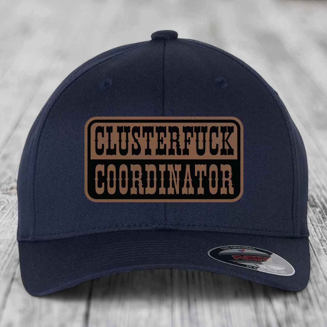 Cluster F*ck Coordinator - Leather Patch Hat - Dark Brown to Black Patch - Flexfit 6277 Fitted Hat