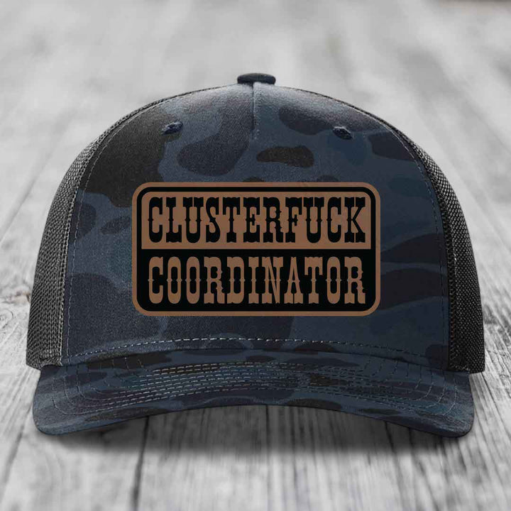 Cluster F*ck Coordinator - Leather Patch Hat - Dark Brown to Black Patch - Richardson 112PFP Snapback Trucker Hat