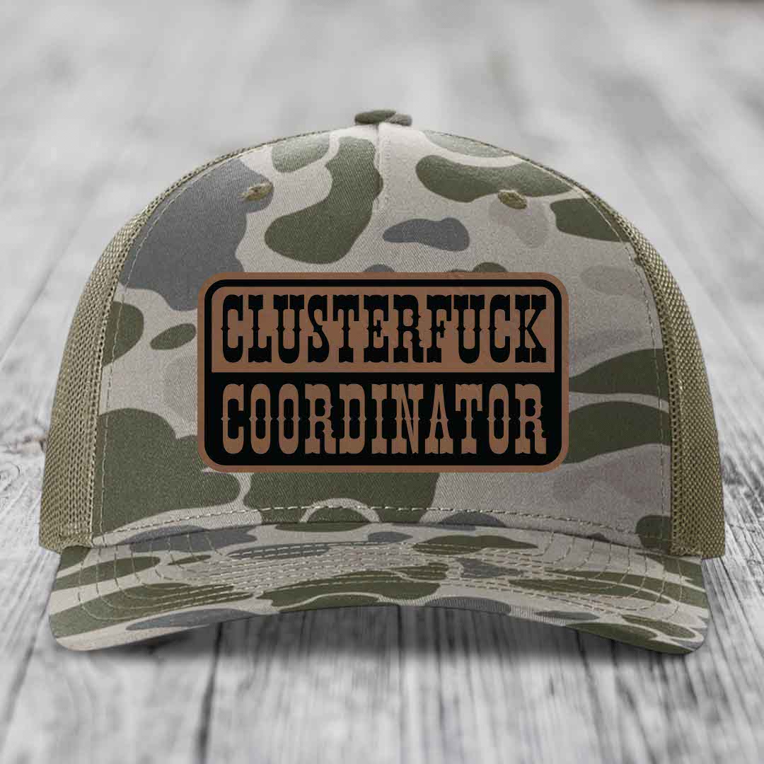 Cluster F*ck Coordinator - Leather Patch Hat - Dark Brown to Black Patch - Richardson 112PFP Snapback Trucker Hat